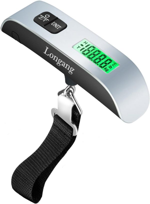 Longang 110 Lbs Digital Hanging Luggage Scale with Backlit for Travel, Rubber Paint Handle and Battery Included, Silver