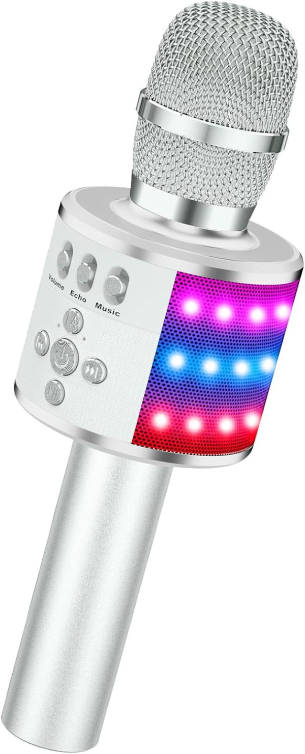 BONAOK Bluetooth Wireless Karaoke Microphone with LED Lights,4-in-1 Portable Handheld Mic with Speaker Karaoke Player for Singing Home Party Toys Birthday Gift for Kids Adults Girls Q78(Silver)