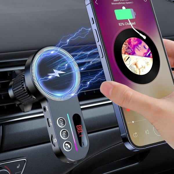 for 15W Wireless MagSafe Bluetooth 5.3 FM Transmitter - Hands-Free Calling, HiFi Bass Sound, TF/SD Card Support, LED Display, Air Vent Installation- Compatible with iPhone 15 14 13 12 Pro Max