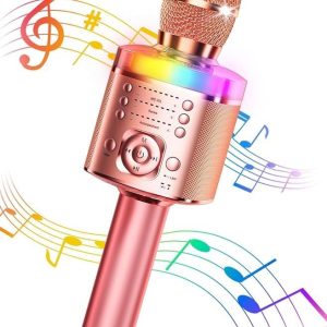 Karaoke Microphone,Handheld Wireless Bluetooth Microphone for Kids and Adults,Stereo Speakers/Reverb/Accompaniment/Mute/Recording/LED Lights/Variable Sound/Home Entertainment/Party/Gift