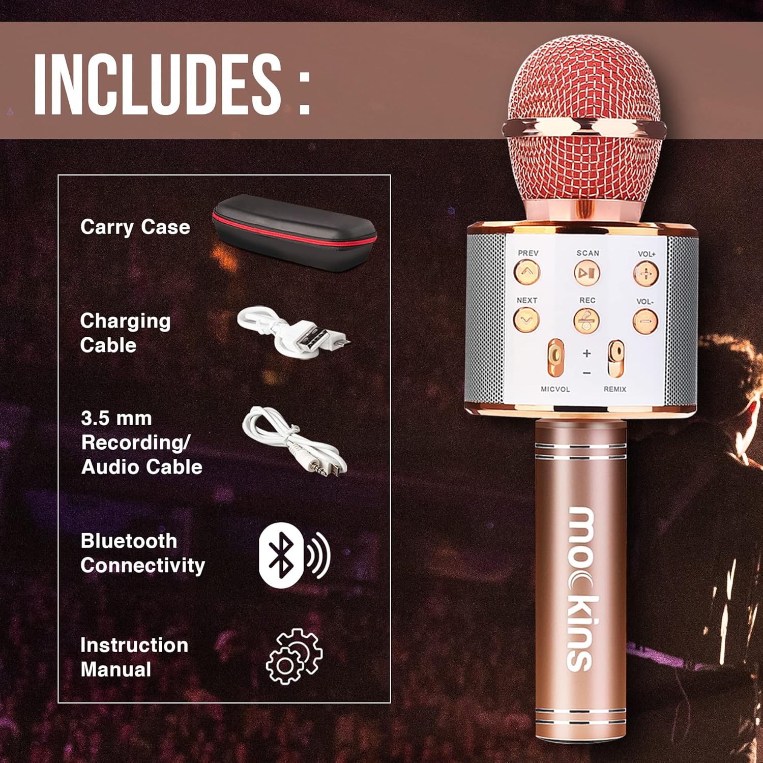 Mockins Rose Karaoke Microphone Wireless w/Built-in Speaker | Wireless Microphones Bluetooth Compatible w/iPhone & Android | Bluetooth Karaoke Microphone for Kids | Portable Microphone Karaoke Mic - Image 2