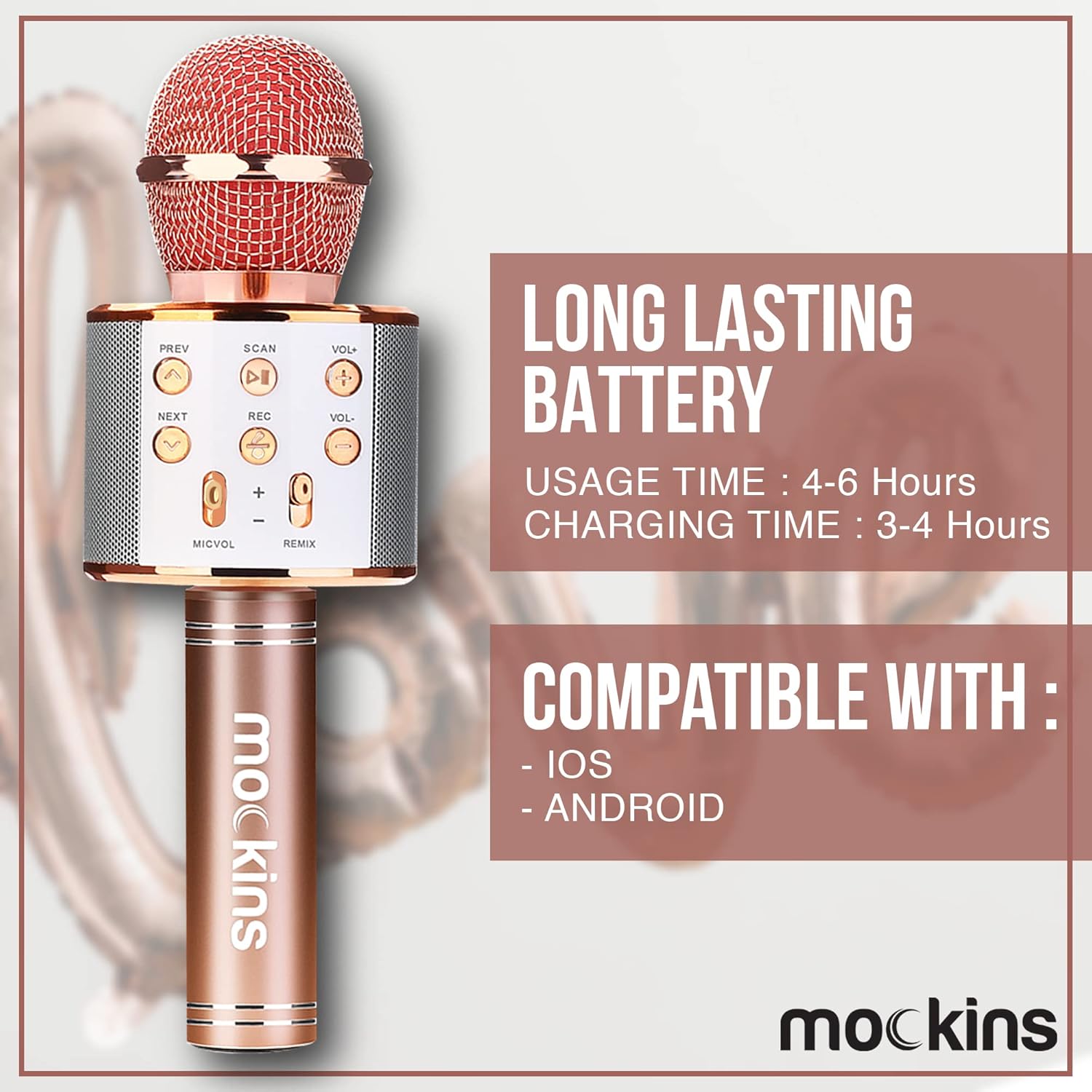 Mockins Rose Karaoke Microphone Wireless w/Built-in Speaker | Wireless Microphones Bluetooth Compatible w/iPhone & Android | Bluetooth Karaoke Microphone for Kids | Portable Microphone Karaoke Mic - Image 3