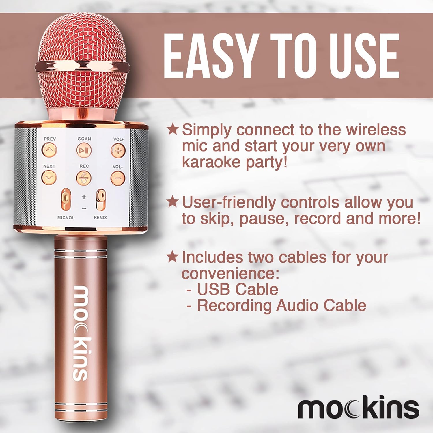 Mockins Rose Karaoke Microphone Wireless w/Built-in Speaker | Wireless Microphones Bluetooth Compatible w/iPhone & Android | Bluetooth Karaoke Microphone for Kids | Portable Microphone Karaoke Mic - Image 7