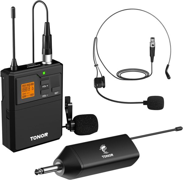 TONOR UHF Wireless Microphone System with Headset Mic/Lavalier Lapel Mic, Bodypack Transmitter, Rechargeable Receiver, 15 Channels 200ft Range 1/4" Output for Recording Live Performance PA Speaker