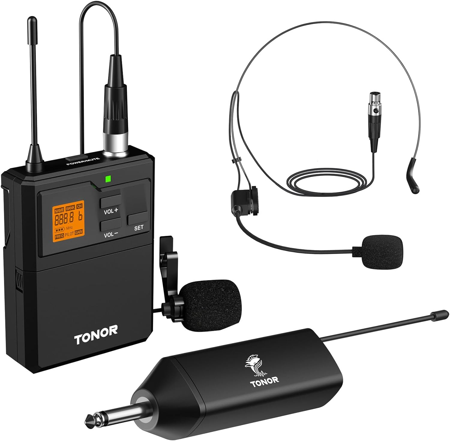 TONOR UHF Wireless Microphone System with Headset Mic/Lavalier Lapel Mic, Bodypack Transmitter, Rechargeable Receiver, 15 Channels 200ft Range 1/4" Output for Recording Live Performance PA Speaker