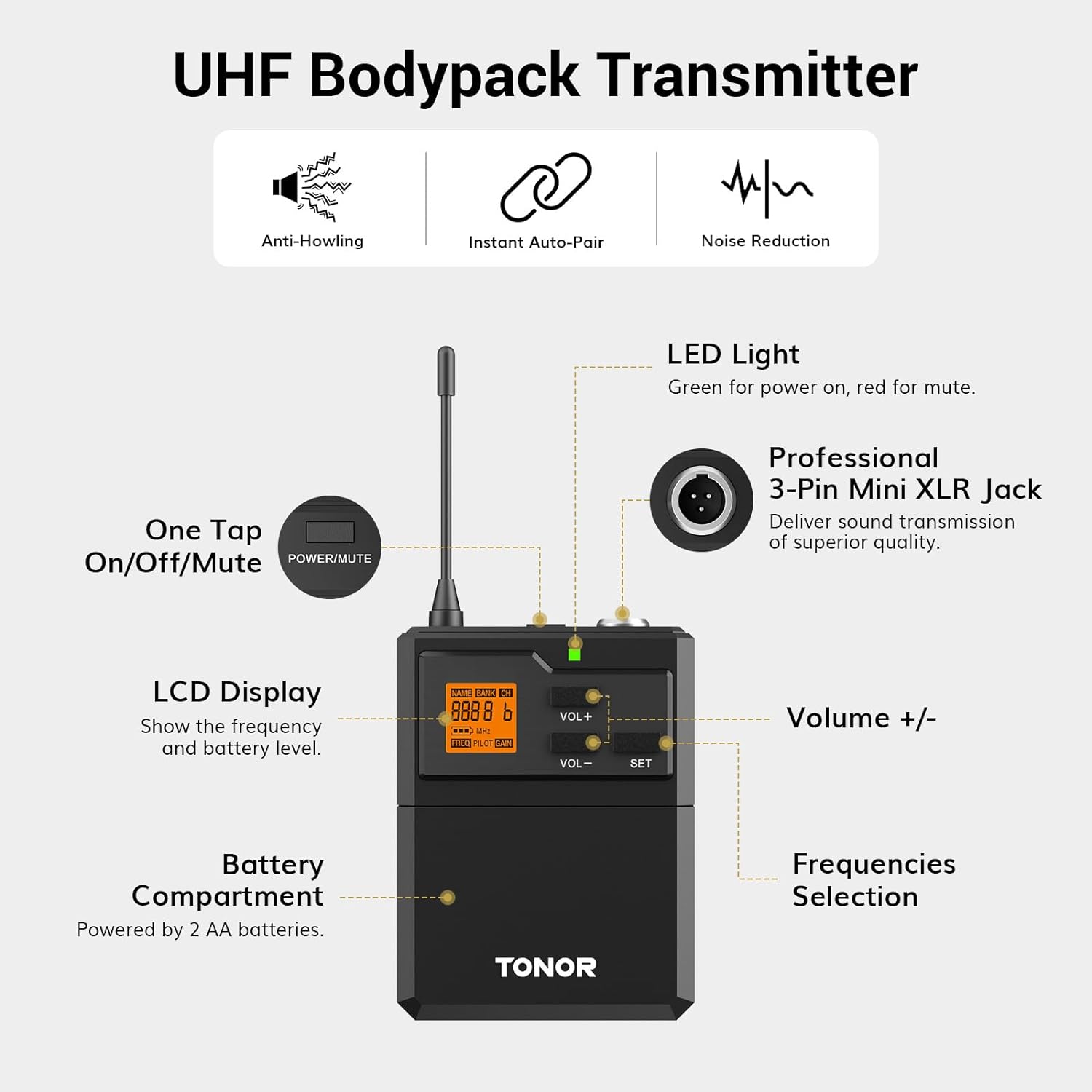 TONOR UHF Wireless Microphone System with Headset Mic/Lavalier Lapel Mic, Bodypack Transmitter, Rechargeable Receiver, 15 Channels 200ft Range 1/4" Output for Recording Live Performance PA Speaker - Image 3