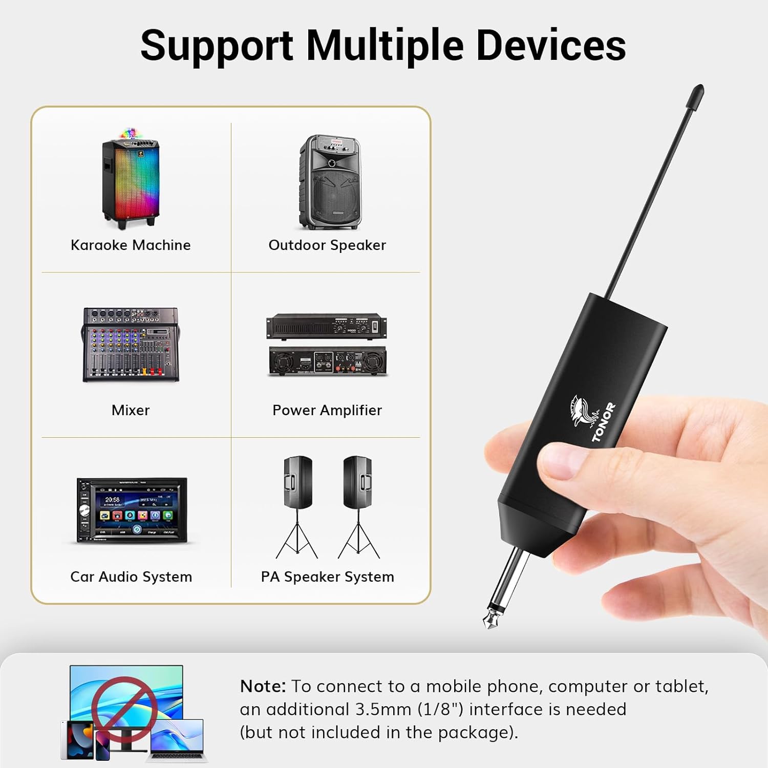 TONOR UHF Wireless Microphone System with Headset Mic/Lavalier Lapel Mic, Bodypack Transmitter, Rechargeable Receiver, 15 Channels 200ft Range 1/4" Output for Recording Live Performance PA Speaker - Image 5