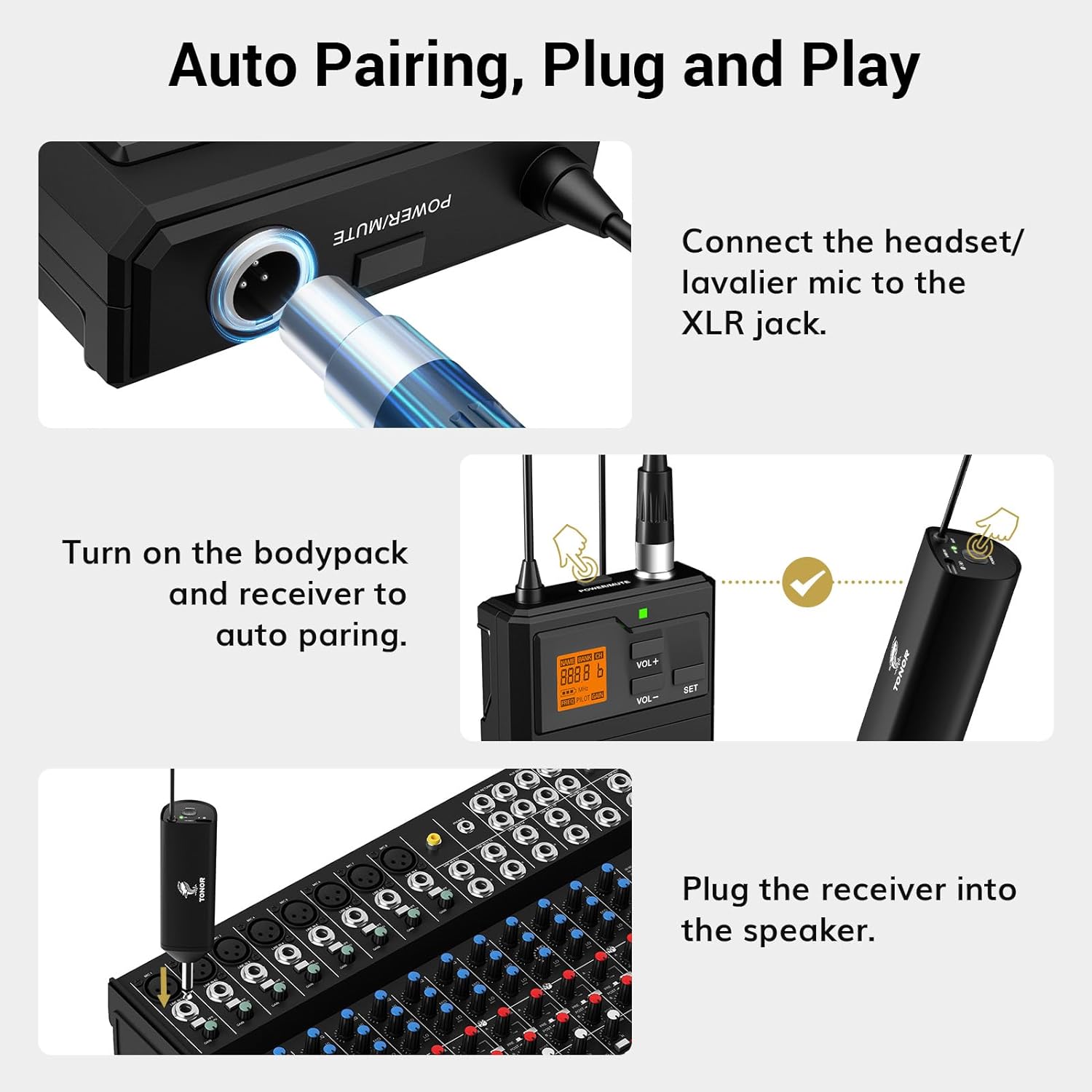TONOR UHF Wireless Microphone System with Headset Mic/Lavalier Lapel Mic, Bodypack Transmitter, Rechargeable Receiver, 15 Channels 200ft Range 1/4" Output for Recording Live Performance PA Speaker - Image 8