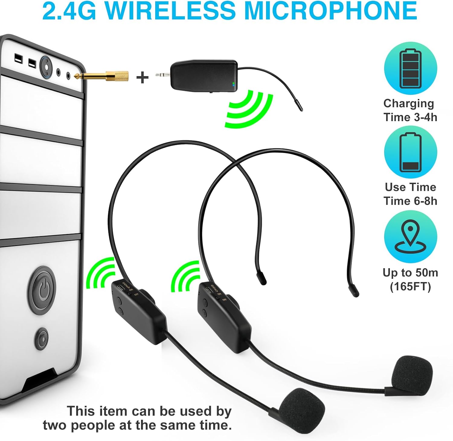 Wireless Microphone System for 2 People,160ft Range, 2.4G Dual Wireless Headset Mics for Karaoke Speaker, Amplifier, Mic Speakers, PA System, Yoga,Teaching, Fitness - Image 3